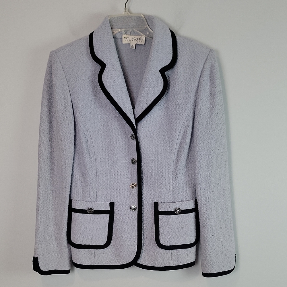 St. John Collection Pale Pastel blue tipped blazer jacket with buttons size 10